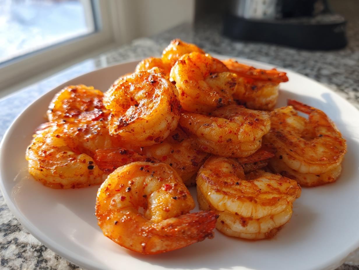 A pile of seasoned, cooked air fryer frozen shrimp on a white plate, glowing in natural light.