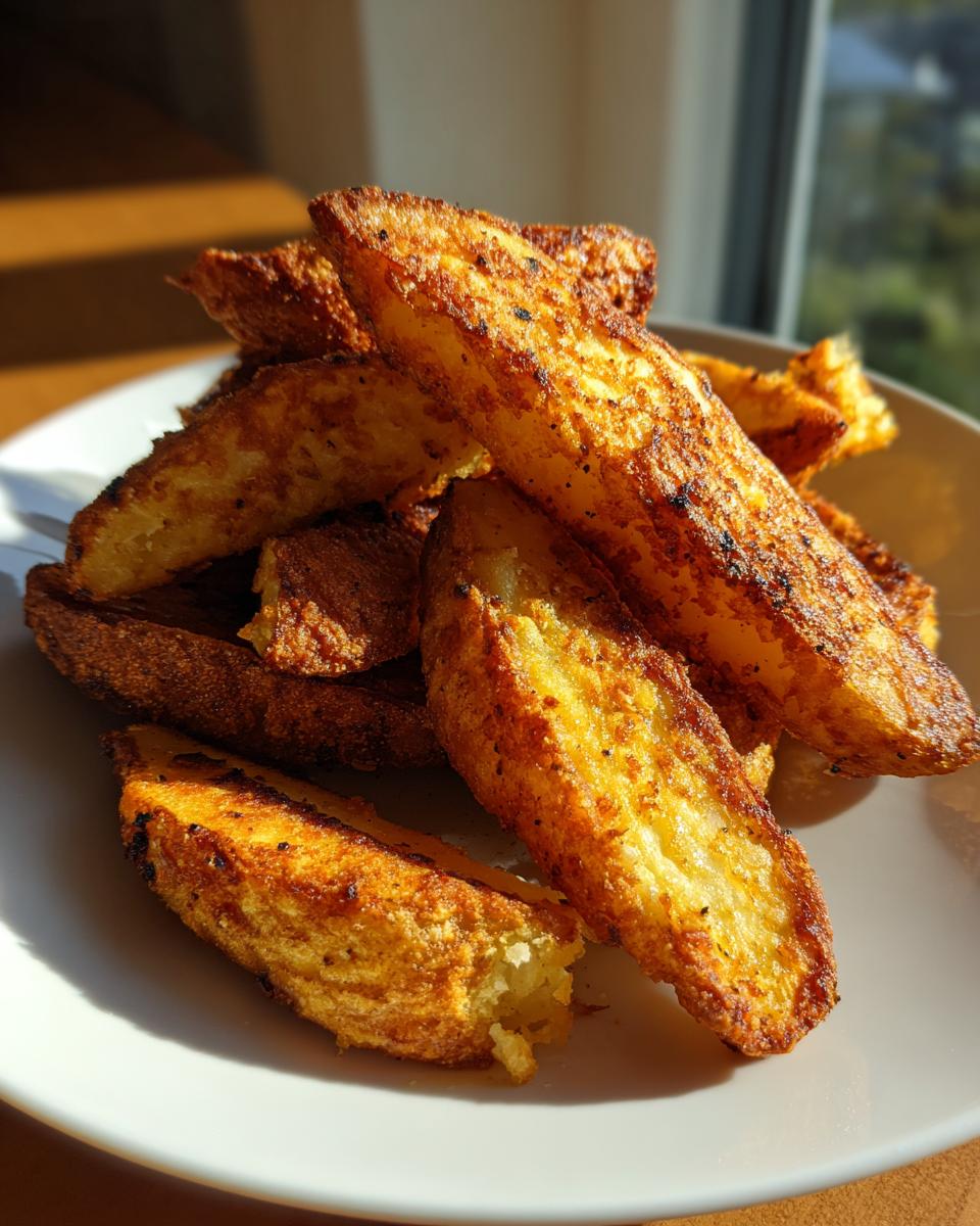A close-up stack of golden brown, crispy air fryer potato wedges seasoned with spices, sitting on a white plate.