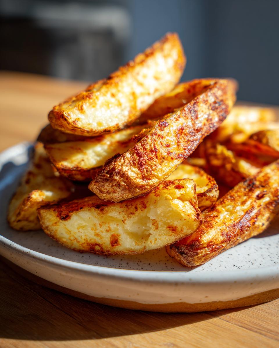 Close-up of perfectly crispy and golden air fryer potato wedges piled high on a speckled white plate.