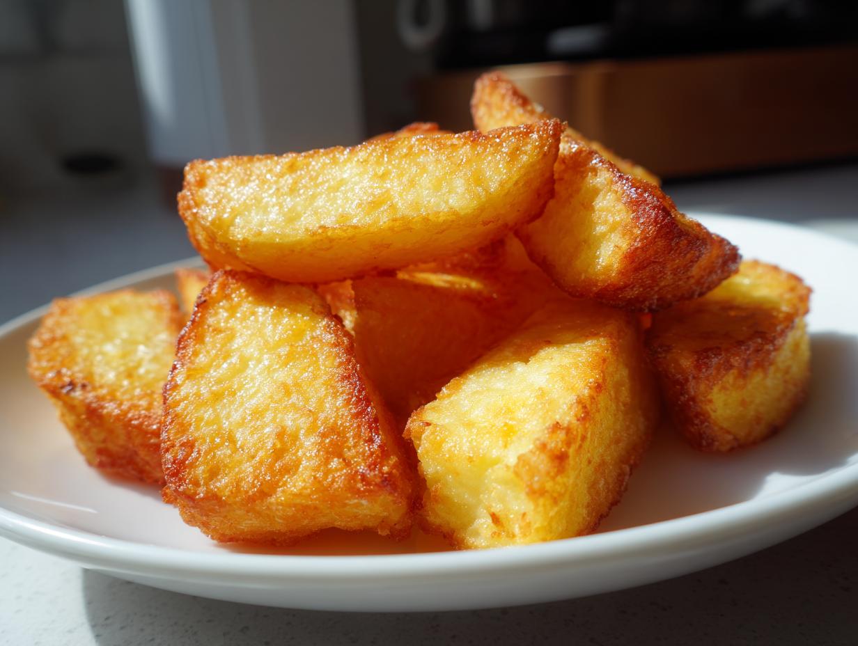 Close-up of perfectly golden and crispy air fryer potato wedges piled high on a white plate.
