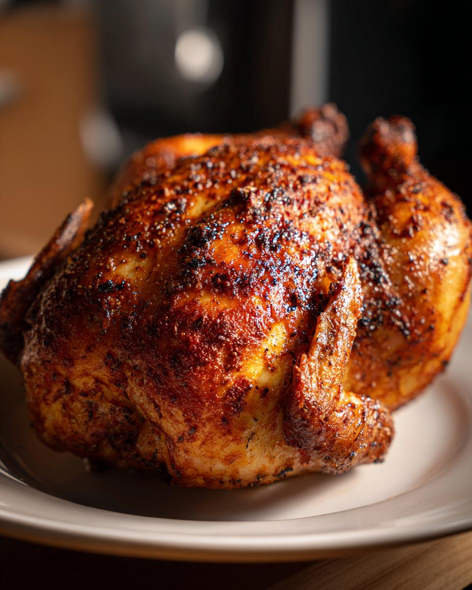 A close-up of a whole chicken cooked to perfection in an air fryer, featuring crispy, seasoned, golden-brown skin.