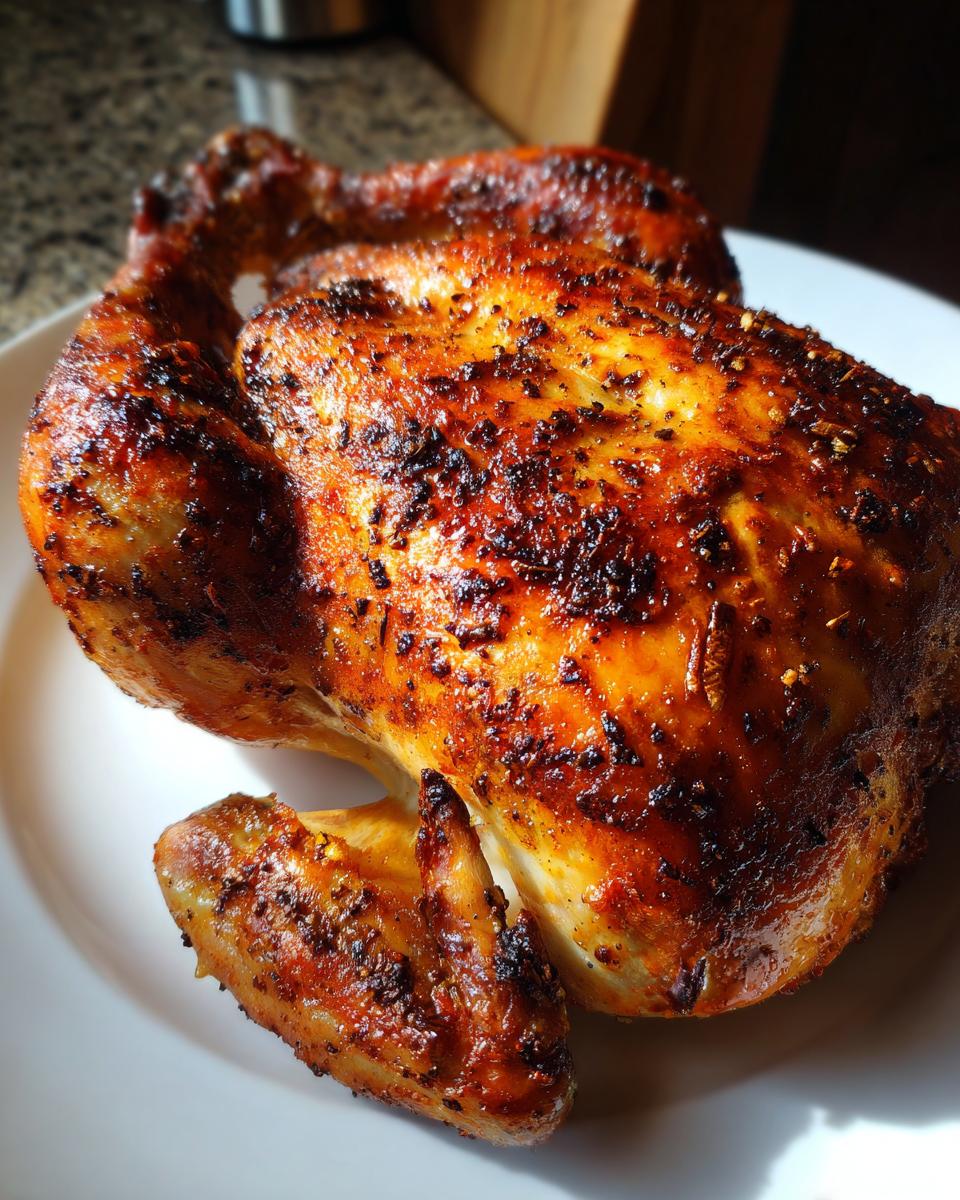 A perfectly cooked, whole chicken with crispy, seasoned skin resting on a white plate, made using an air fryer whole chicken recipe.