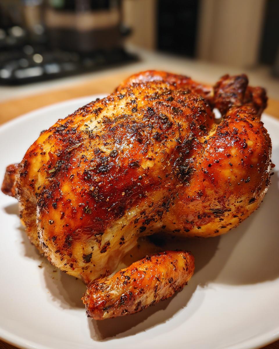 A beautifully roasted, seasoned air fryer whole chicken with crispy, golden-brown skin resting on a white plate.