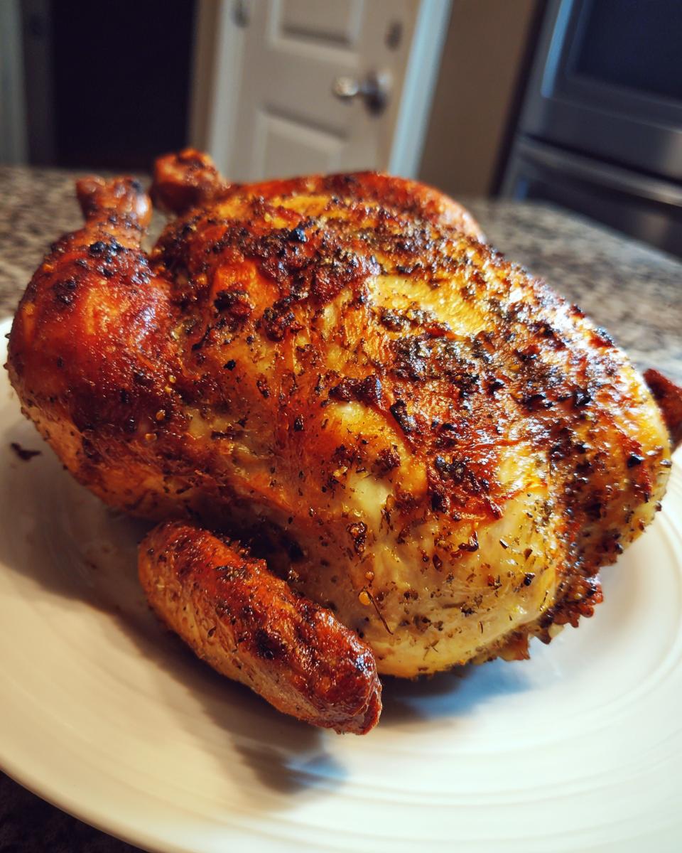 A perfectly cooked, golden-brown air fryer whole chicken seasoned with herbs resting on a white plate.