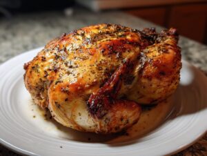 A beautifully roasted, golden-brown air fryer whole chicken seasoned with herbs, resting on a white plate.