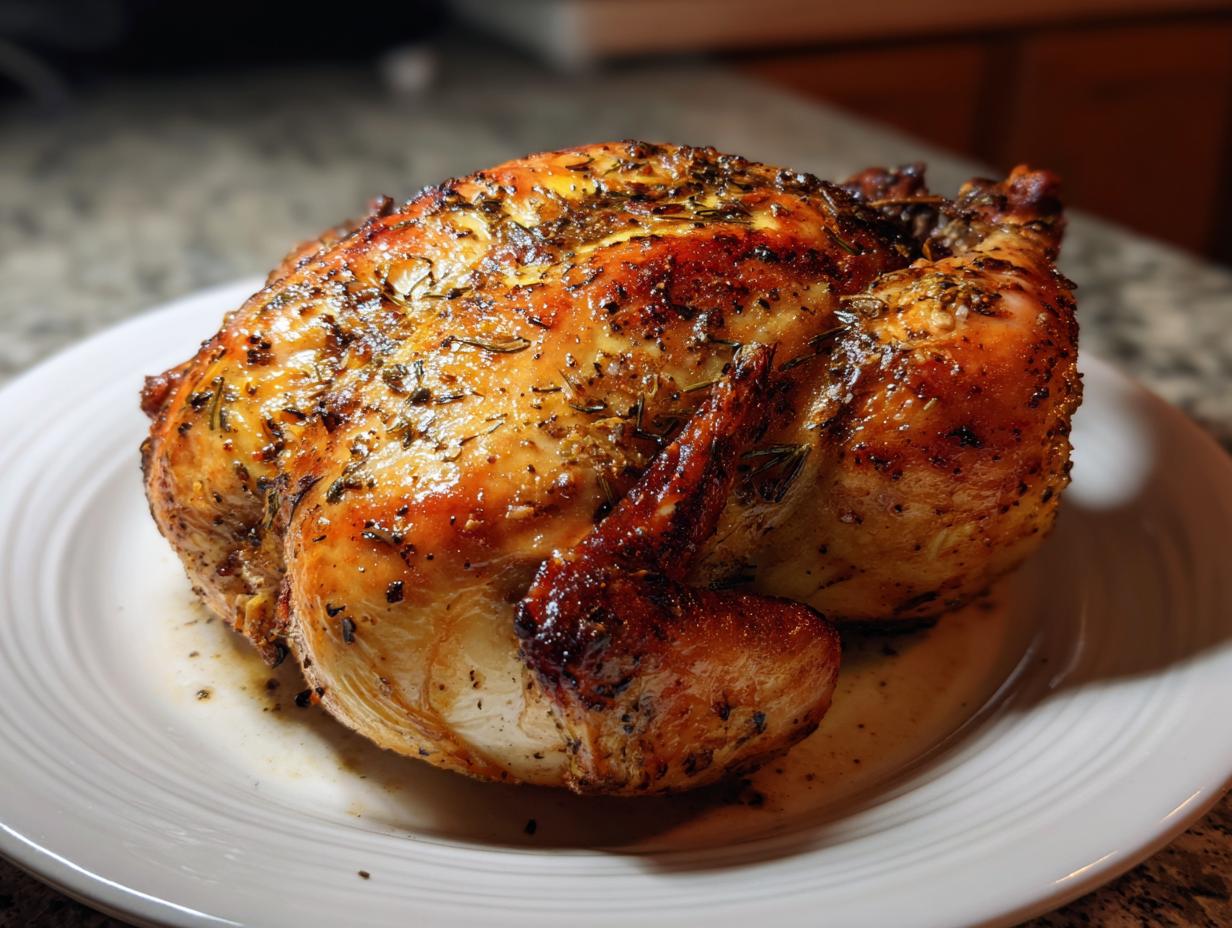 A beautifully roasted, golden-brown air fryer whole chicken seasoned with herbs, resting on a white plate.
