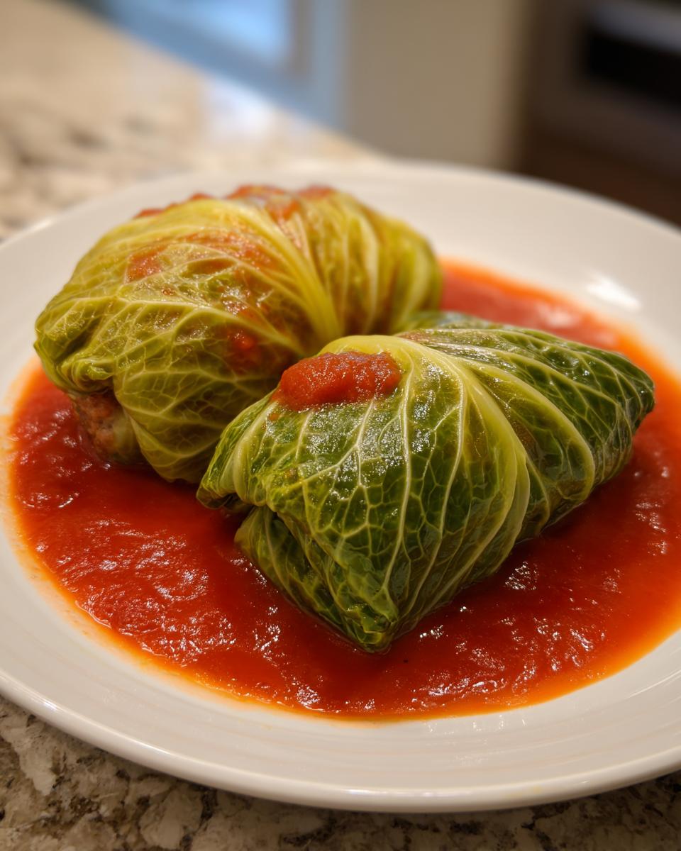 Close-up of two homemade cabbage rolls simmered in bright red tomato sauce on a white plate.