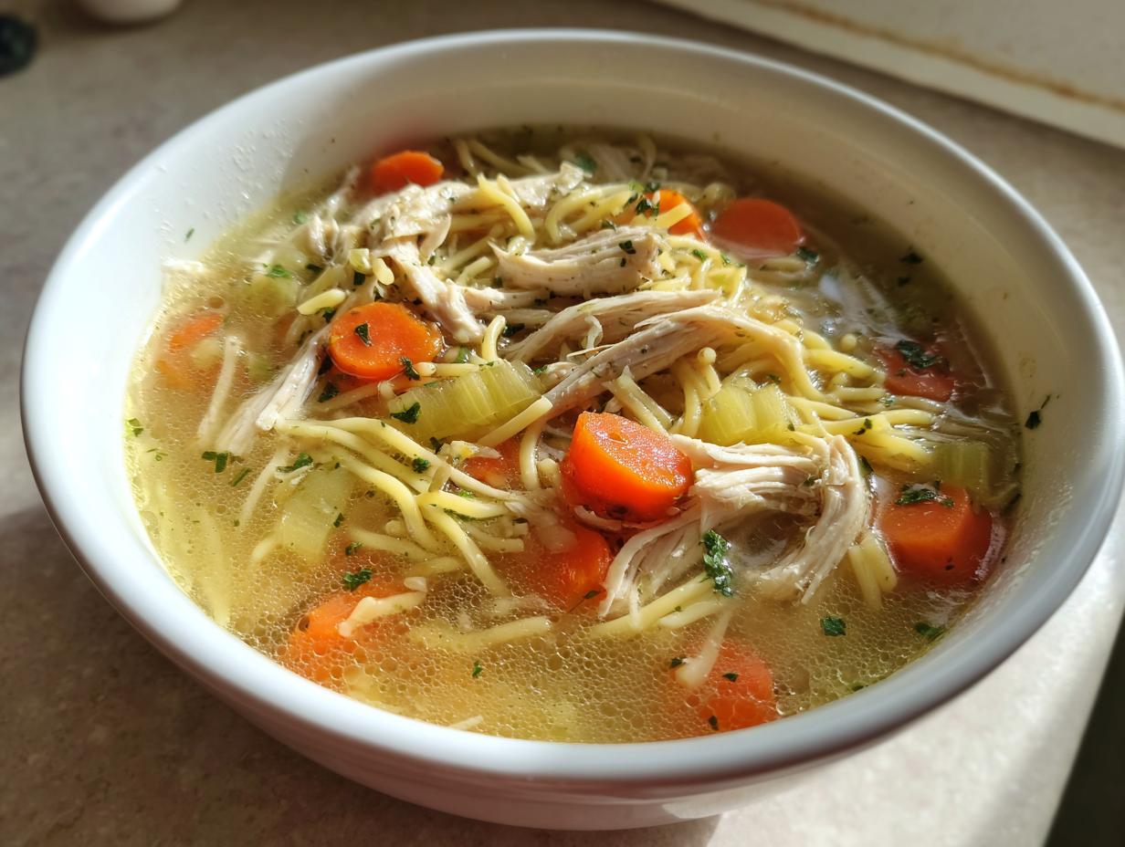 Close-up of a white bowl filled with amazing 1-pot turkey soup, featuring shredded turkey, egg noodles, carrots, and celery.