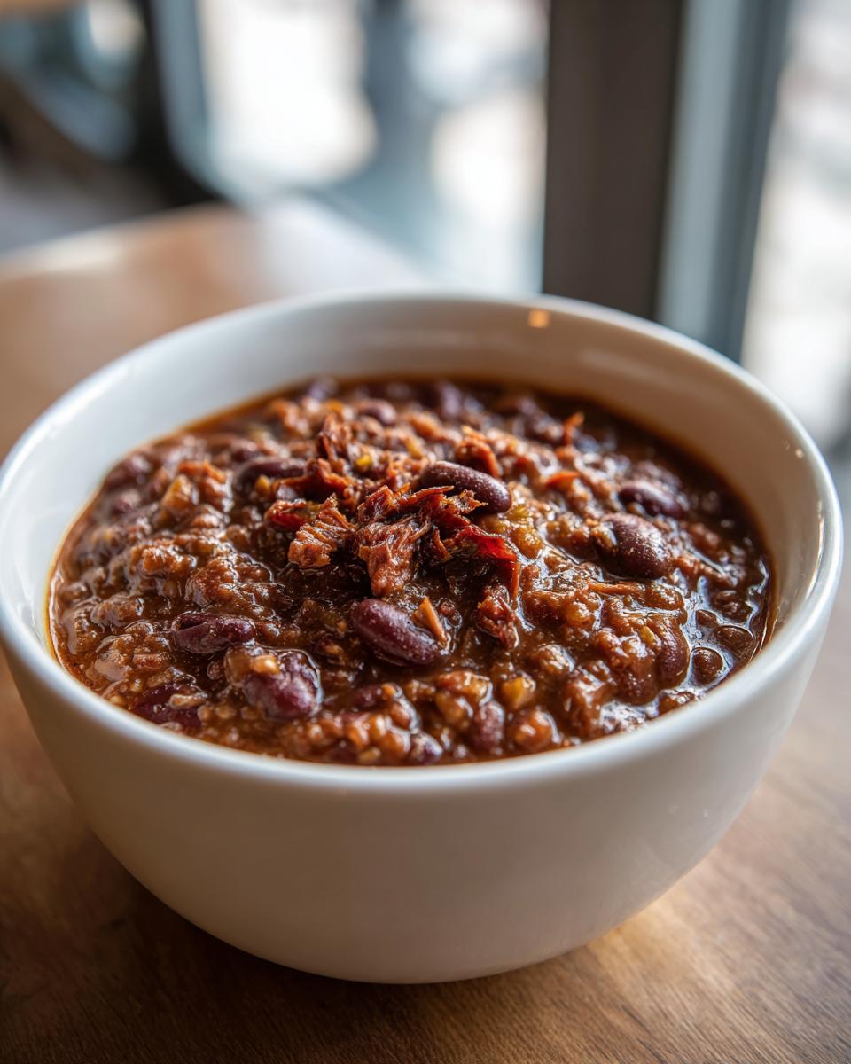 Close-up of a rich, dark bowl of amazing 15-bean soup topped with shredded meat or sun-dried tomatoes.