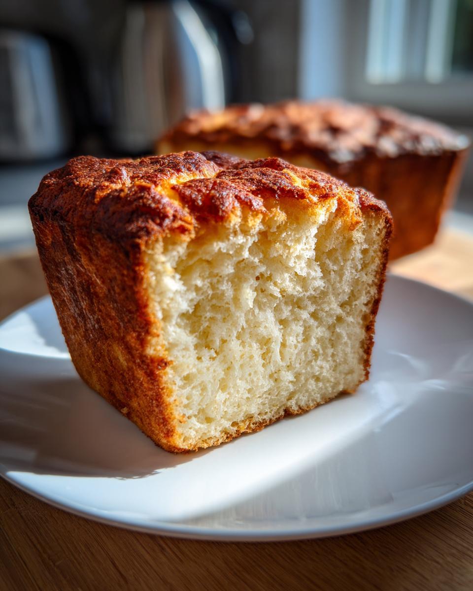A close-up view of a thick slice of golden-brown beer bread with a fluffy interior, sitting on a white plate.