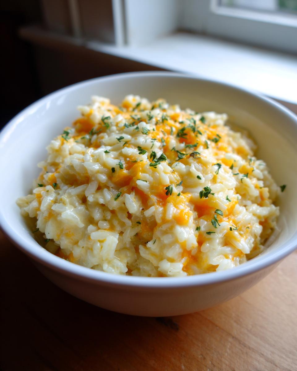 Close-up of a white bowl filled with creamy, cheesy rice topped with melted cheddar and fresh parsley.