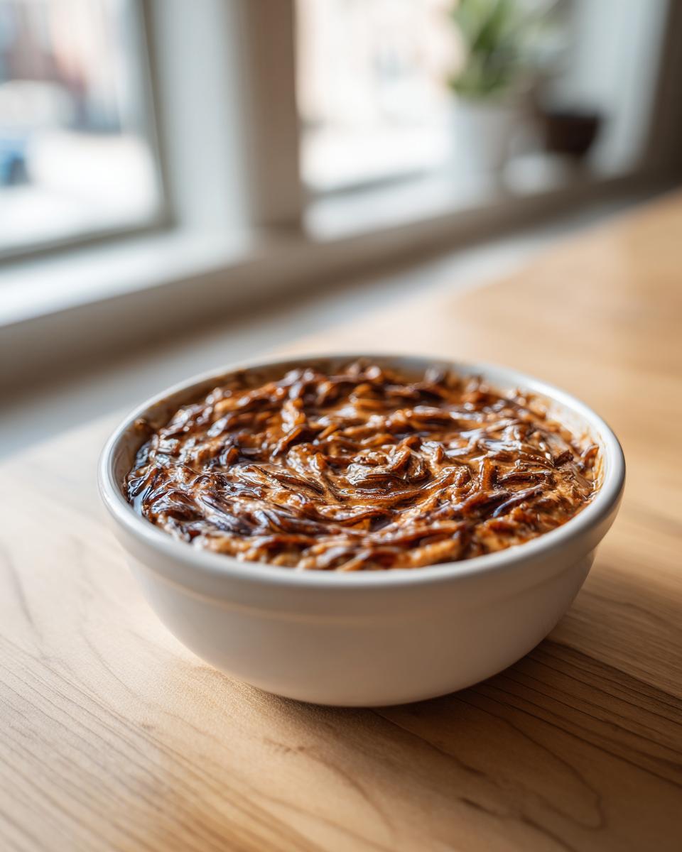 A white bowl filled with rich, caramelized onions for the amazing 50-minute onion dip, set on a wooden counter.