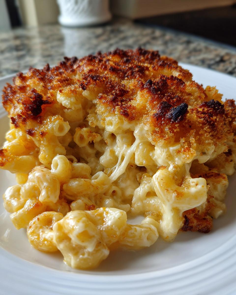 A close-up serving of amazing baked mac and cheese showing creamy interior and a deeply browned, crispy breadcrumb topping.