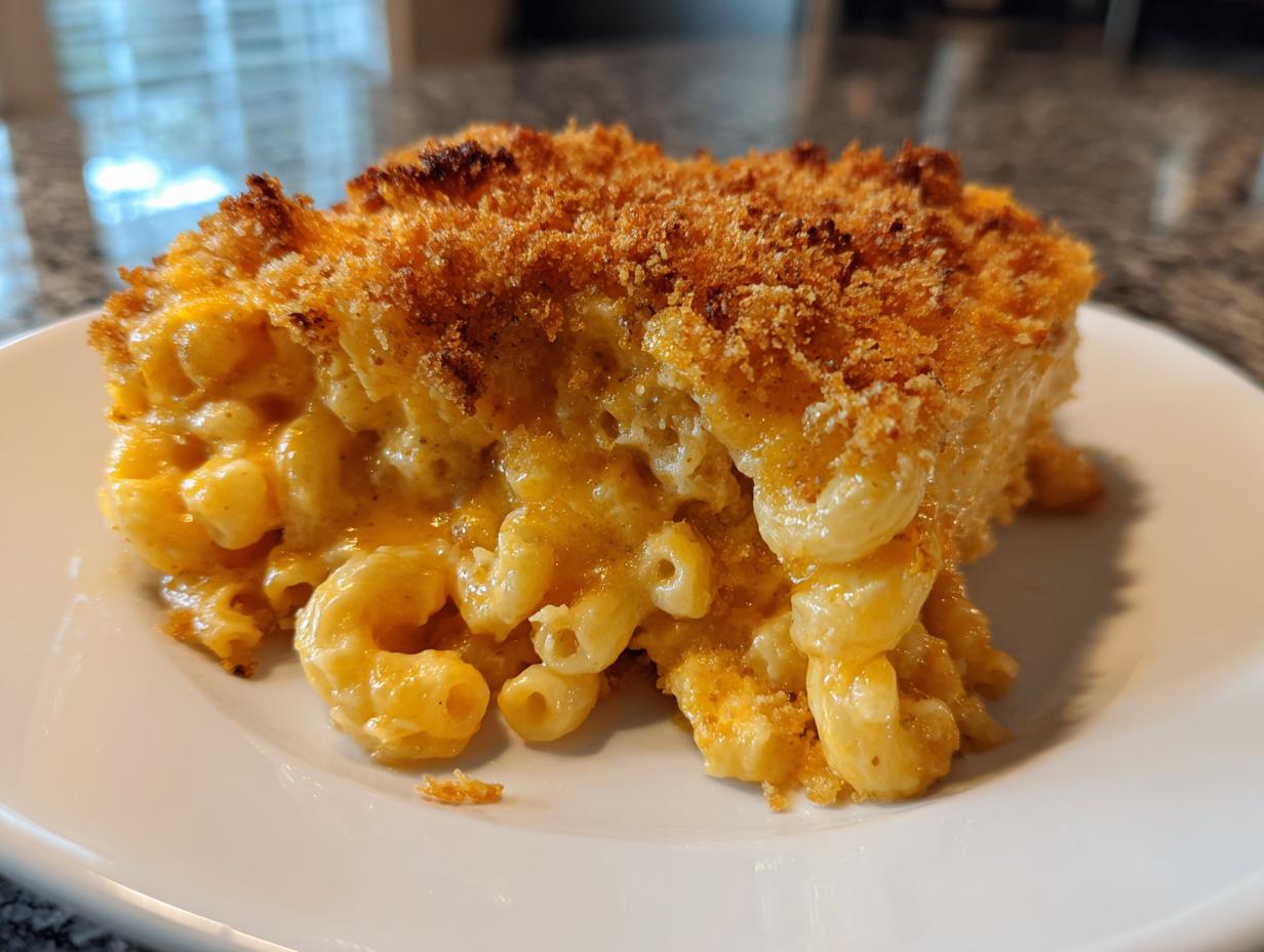 A generous serving of amazing baked mac and cheese showing creamy interior and crispy breadcrumb topping.
