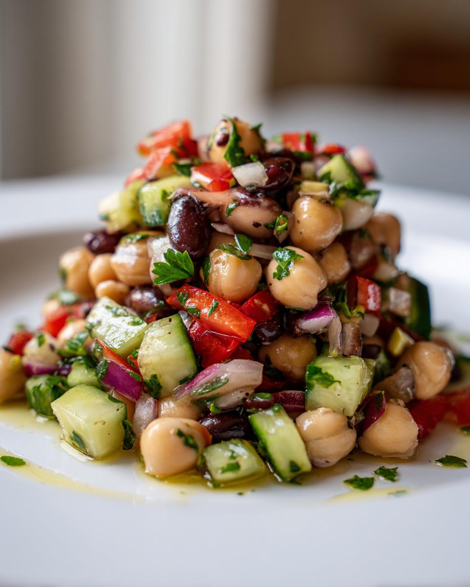 A mound of fresh bean salad featuring chickpeas, kidney beans, diced cucumber, red onion, and tomato, dressed lightly.