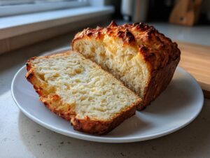 A golden-crusted loaf of homemade beer bread, sliced open to show the soft interior texture.