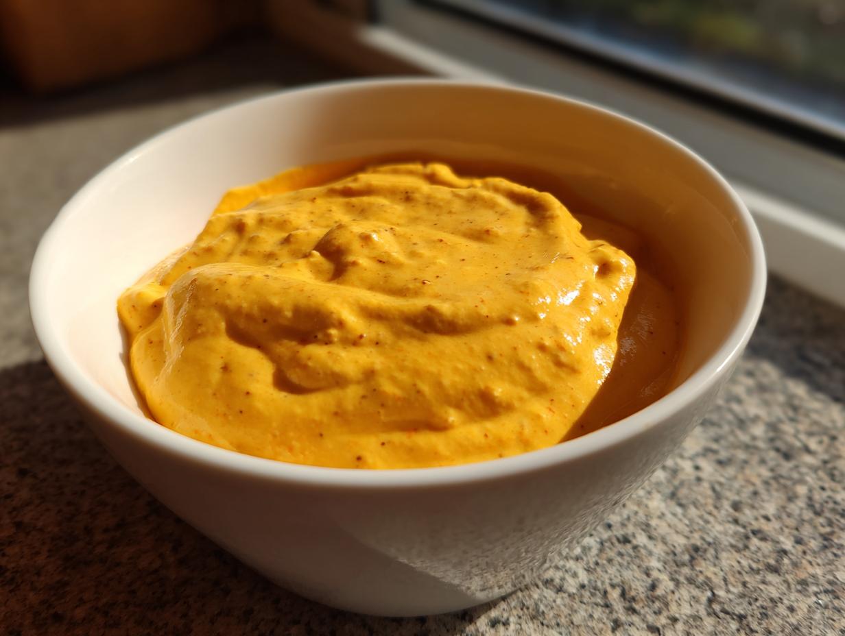 A close-up of a thick, vibrant orange beer cheese dip served in a white bowl, catching bright sunlight.