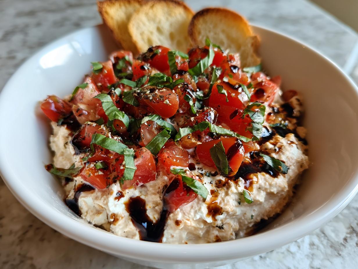 Close-up of creamy bruschetta dip topped with diced tomatoes, fresh basil, and balsamic glaze, served with toasted bread slices.