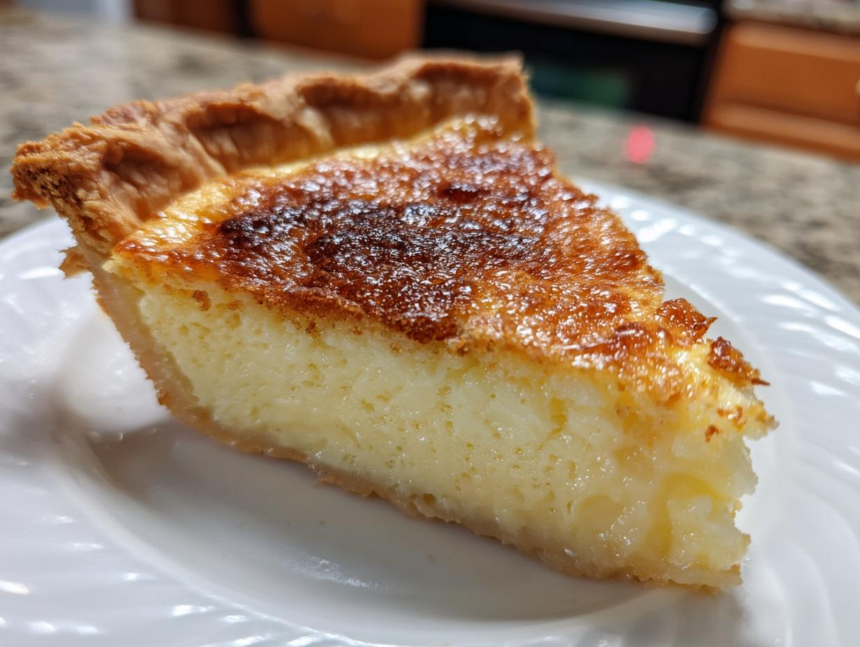A close-up of a slice of golden-brown buttermilk pie with a creamy, set filling on a white plate.