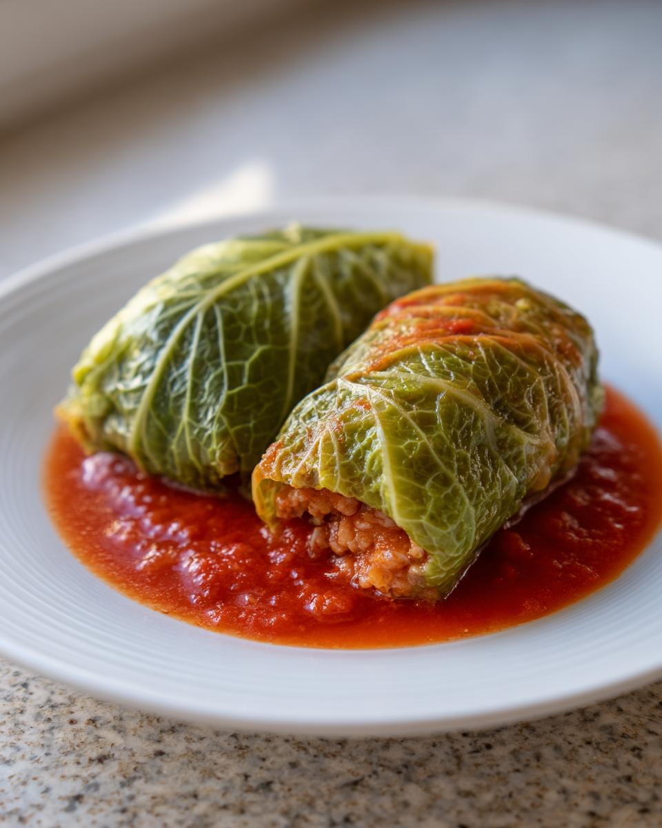 Two savory cabbage rolls stuffed with rice mixture, served in a bright red tomato sauce on a white plate.