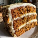 Close-up of a thick, moist slice of three-layer carrot cake recipe with cream cheese frosting and nuts.