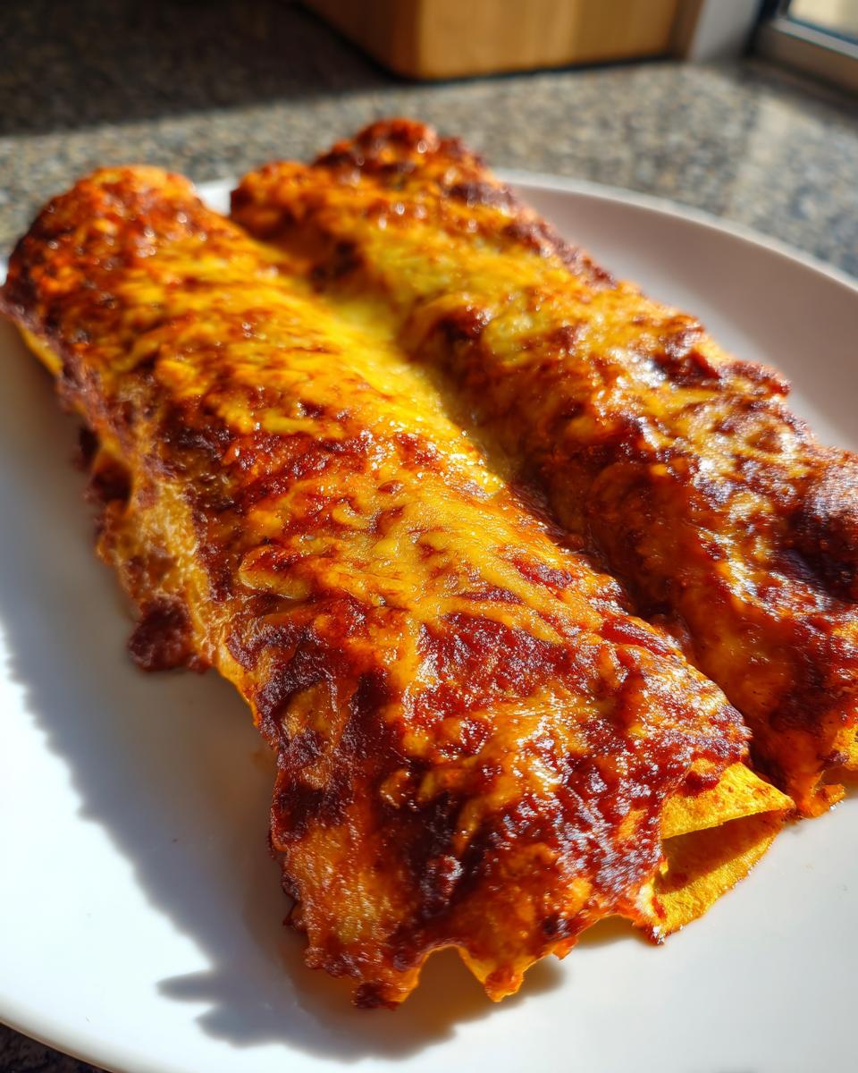 Two baked cheese enchiladas covered in melted, bubbly red sauce and golden cheddar cheese, served on a white plate.