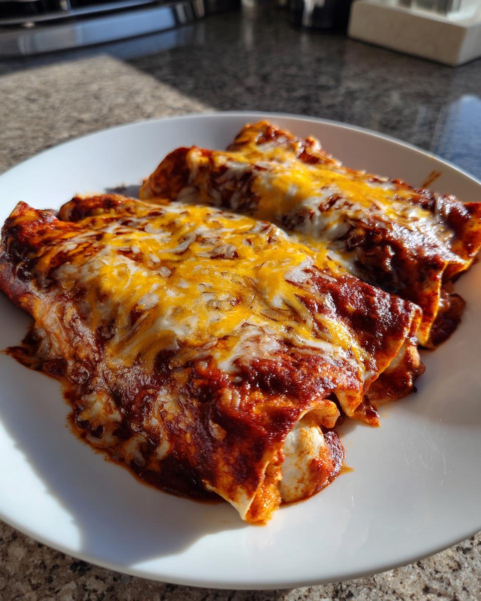 Two delicious cheese enchiladas covered in rich red sauce and melted cheddar and Monterey Jack cheese.
