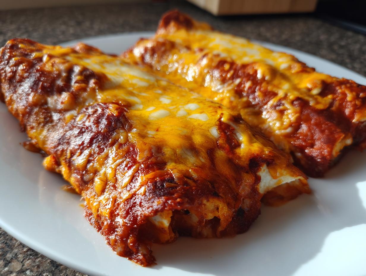 Two baked cheese enchiladas covered in rich red sauce and bubbly, melted cheddar cheese.