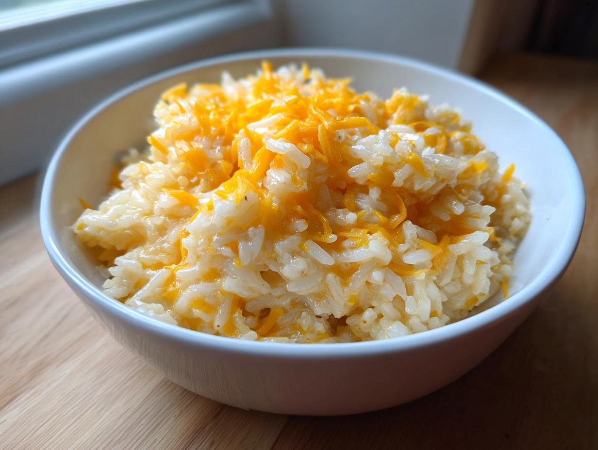 A close-up of creamy, white rice topped generously with shredded cheddar cheese, showcasing the amazing cheesy rice.