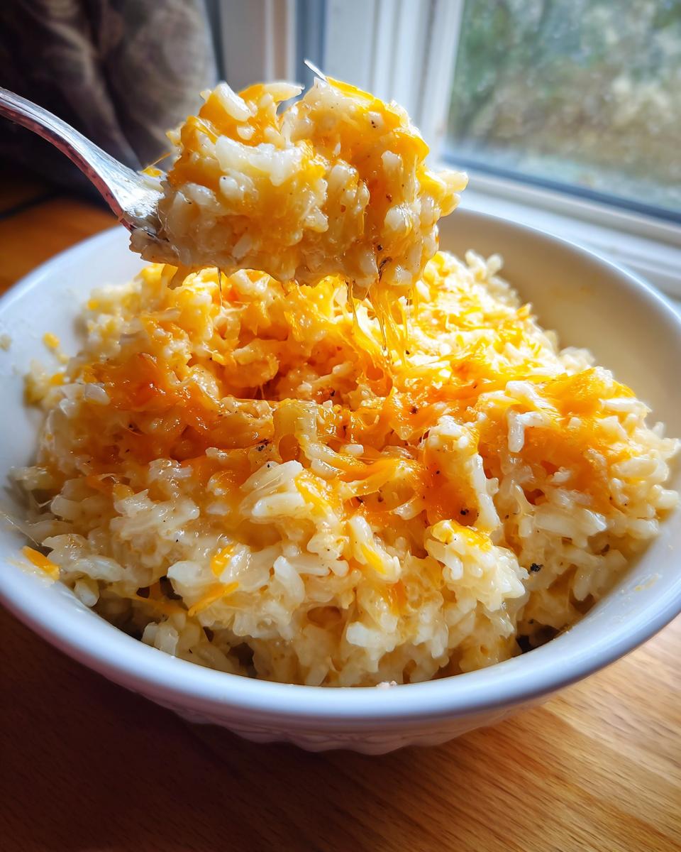 A fork lifts a bite of creamy, cheesy rice topped with melted cheddar cheese, showing a delicious cheese pull of cheesy rice.