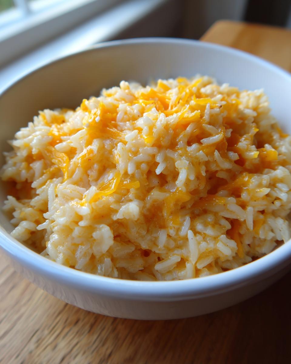A close-up of a white bowl filled with creamy, fluffy cheesy rice topped with melted cheddar.