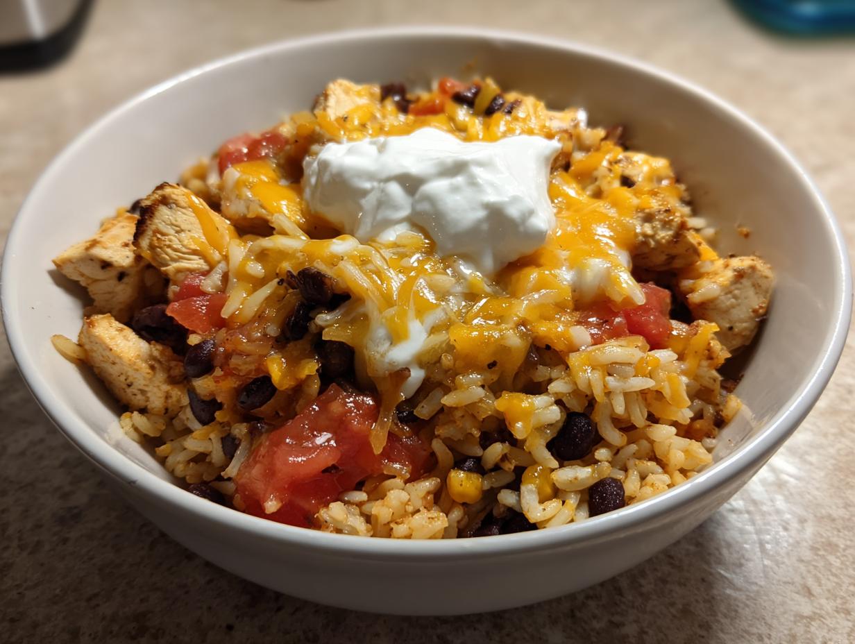 A close-up view of an amazing chicken burrito bowl featuring seasoned rice, black beans, diced tomatoes, melted cheese, and a dollop of sour cream.