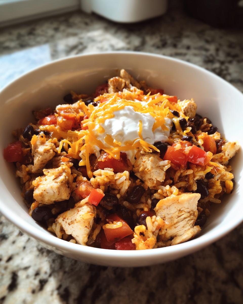 A white bowl filled with seasoned rice, diced chicken, black beans, tomatoes, topped with sour cream and shredded cheese for a chicken burrito bowl.