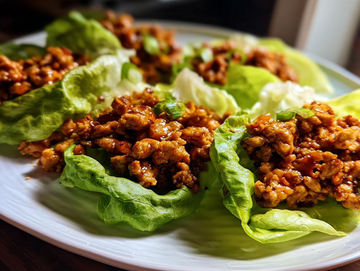 Close-up of several savory chicken lettuce wraps filled with saucy ground chicken and topped with green onions.