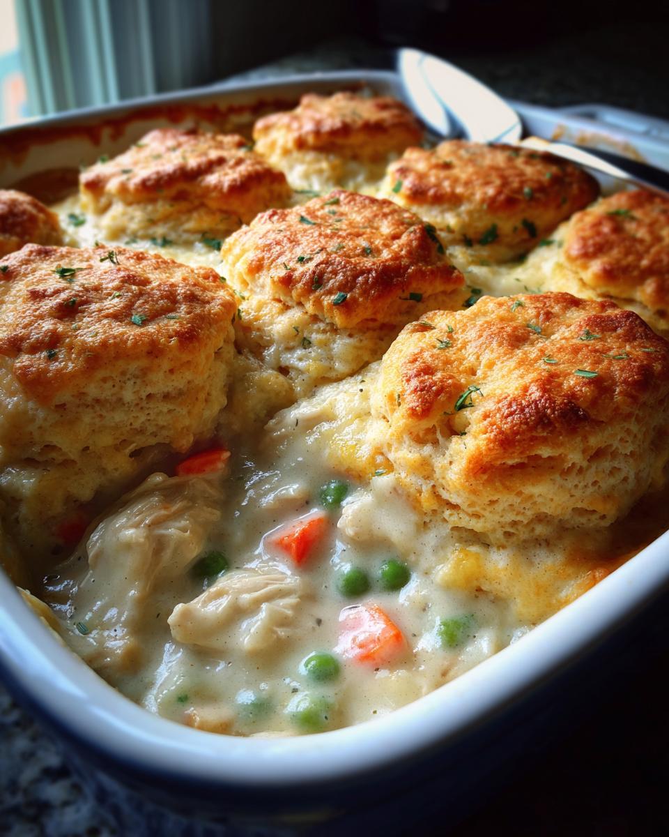 Close-up of a baked chicken pot pie casserole topped with golden biscuits, showing creamy filling with chicken, peas, and carrots.