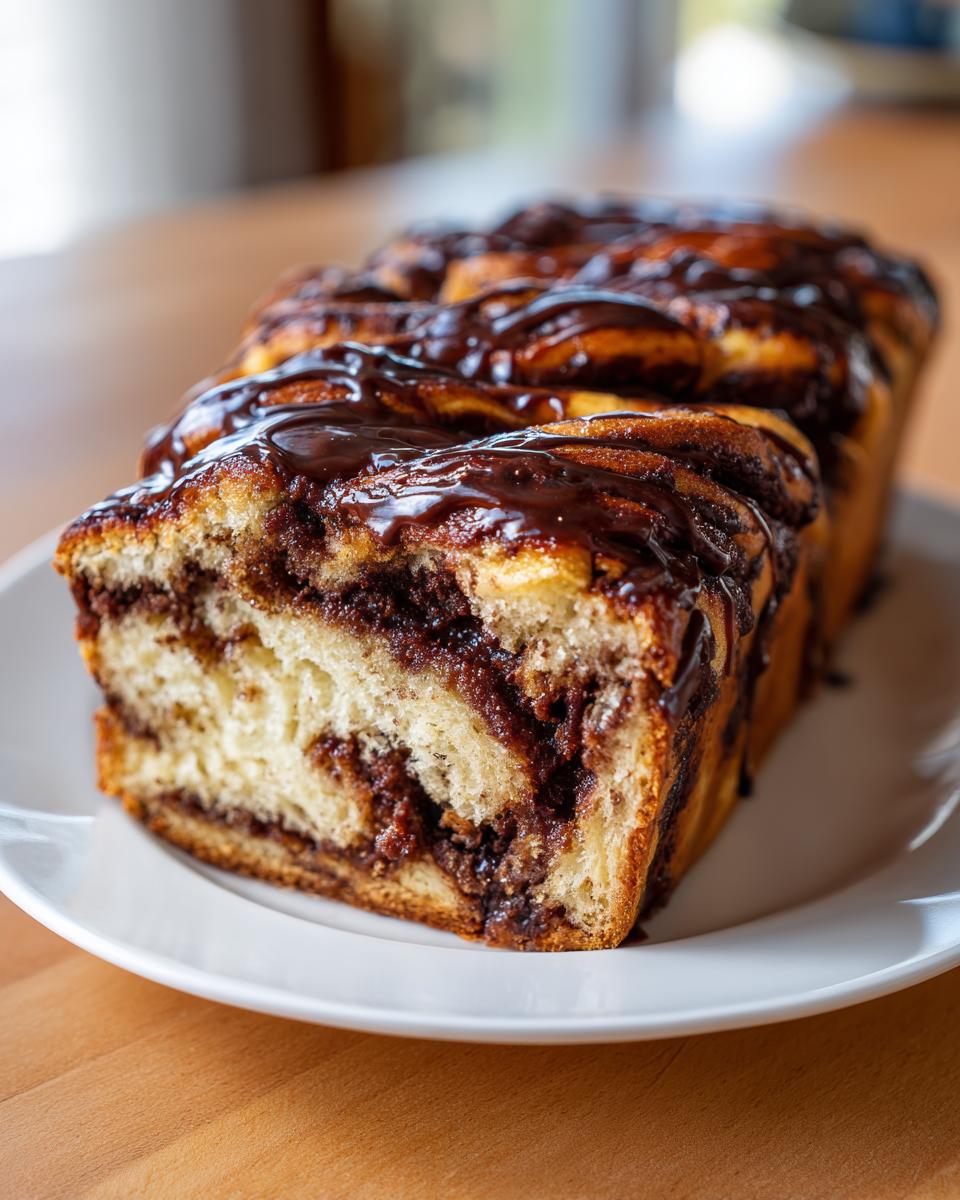 A close-up of a freshly baked chocolate babka loaf, showing the swirled chocolate filling and rich glaze.