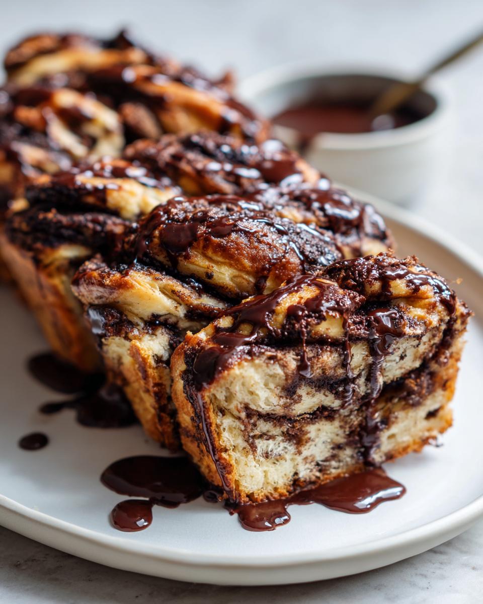 Close-up of a freshly baked chocolate babka loaf, sliced and generously drizzled with rich chocolate sauce.