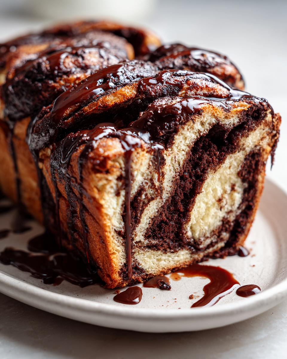 Close-up of a thick slice of chocolate babka showing the marbled dough and rich chocolate filling, topped with a dark chocolate glaze.