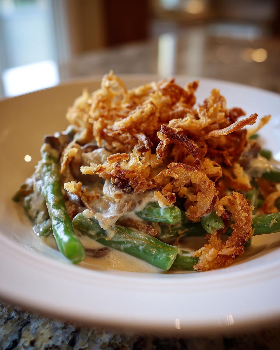 A close-up serving of creamy green bean casserole topped generously with crispy fried onions.
