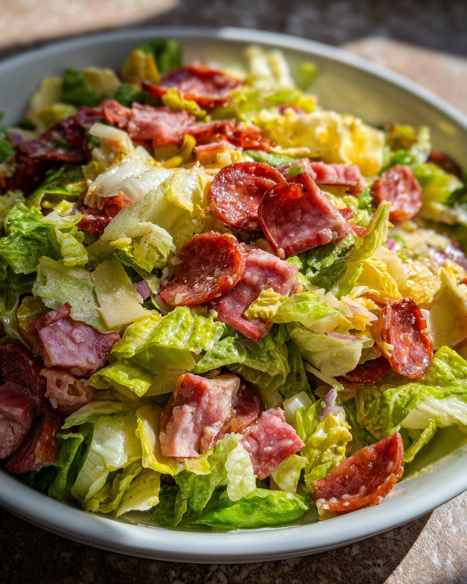 A vibrant close-up of a fresh grinder salad featuring chopped lettuce, salami, and ham pieces in a white bowl.