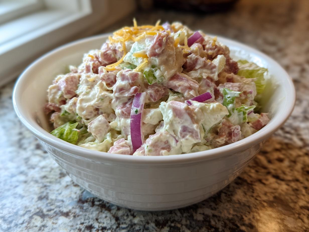 A white bowl filled with creamy hoagie dip mixed with ham, red onion, and lettuce, topped with shredded cheese.