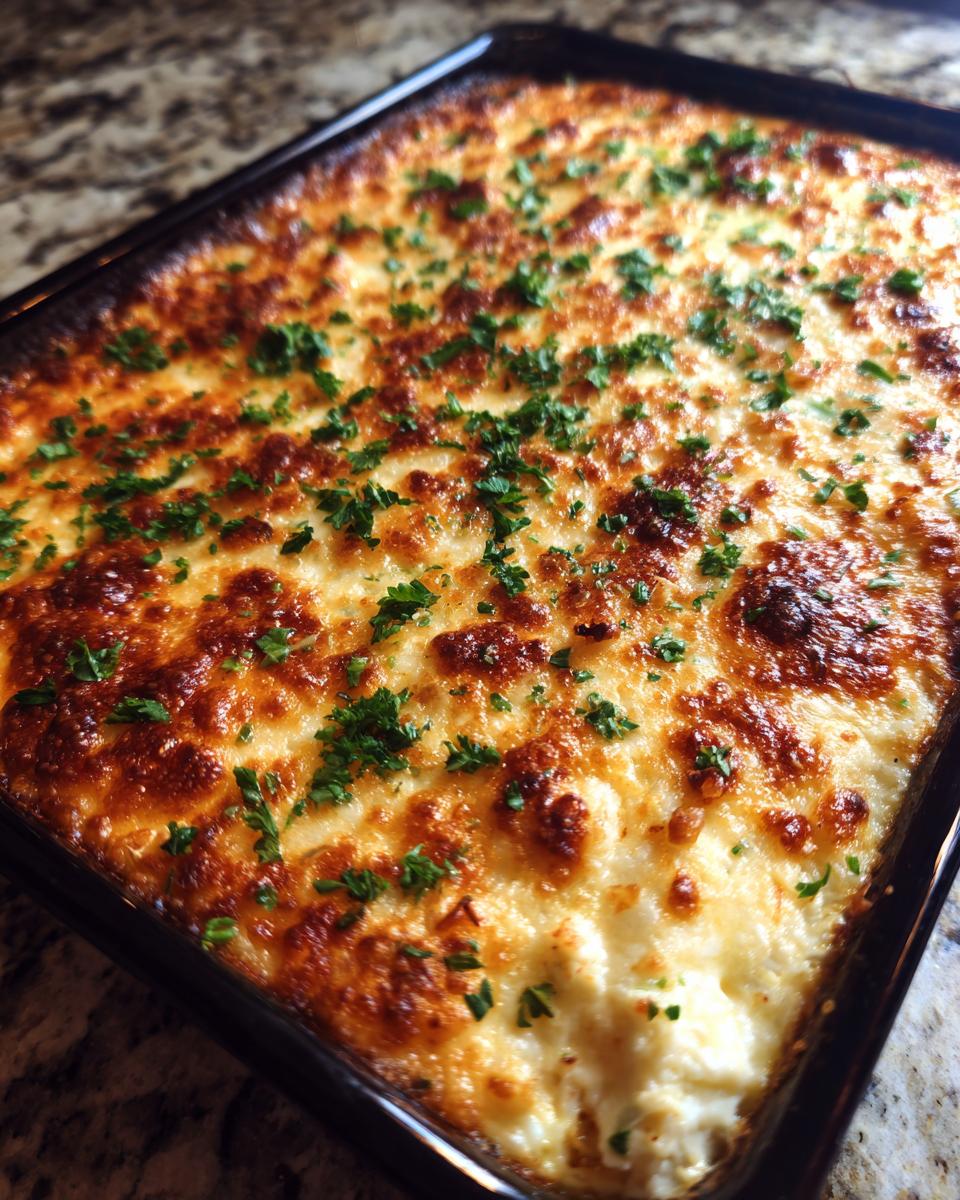 Close-up of a freshly baked hot crab dip with a bubbly, golden-brown cheese crust, garnished with fresh parsley.