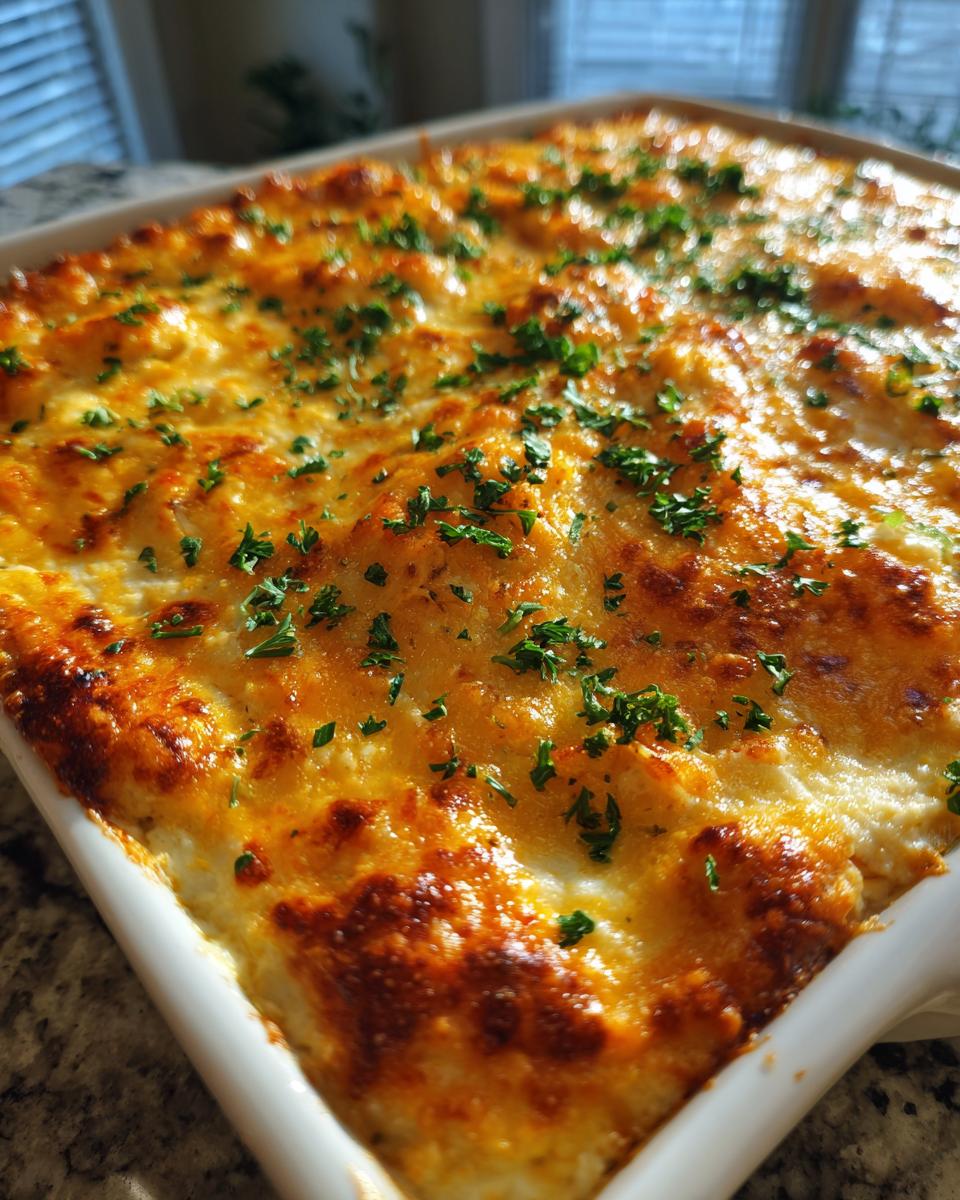 Close-up of a bubbly, golden-brown baked hot crab dip topped with fresh parsley in a white baking dish.