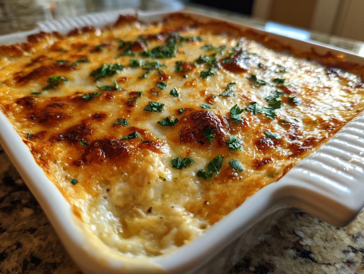 Close-up of a bubbling, golden-brown baked hot crab dip topped with fresh parsley in a white baking dish.