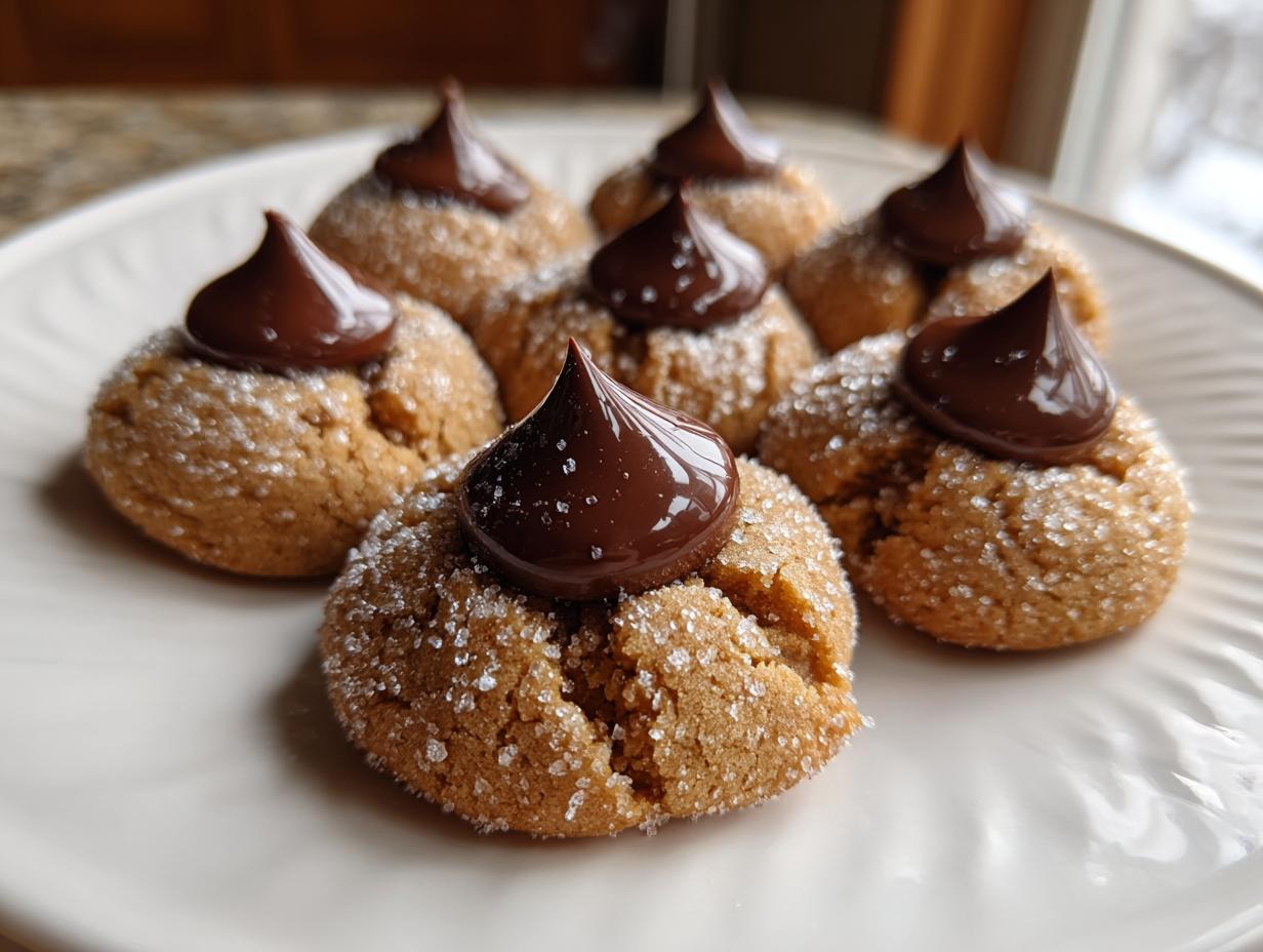A plate of freshly baked kiss cookies, rolled in sugar and topped with a melted chocolate kiss.