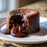 Close-up of a rich chocolate lava cake with molten chocolate oozing out onto a white plate.