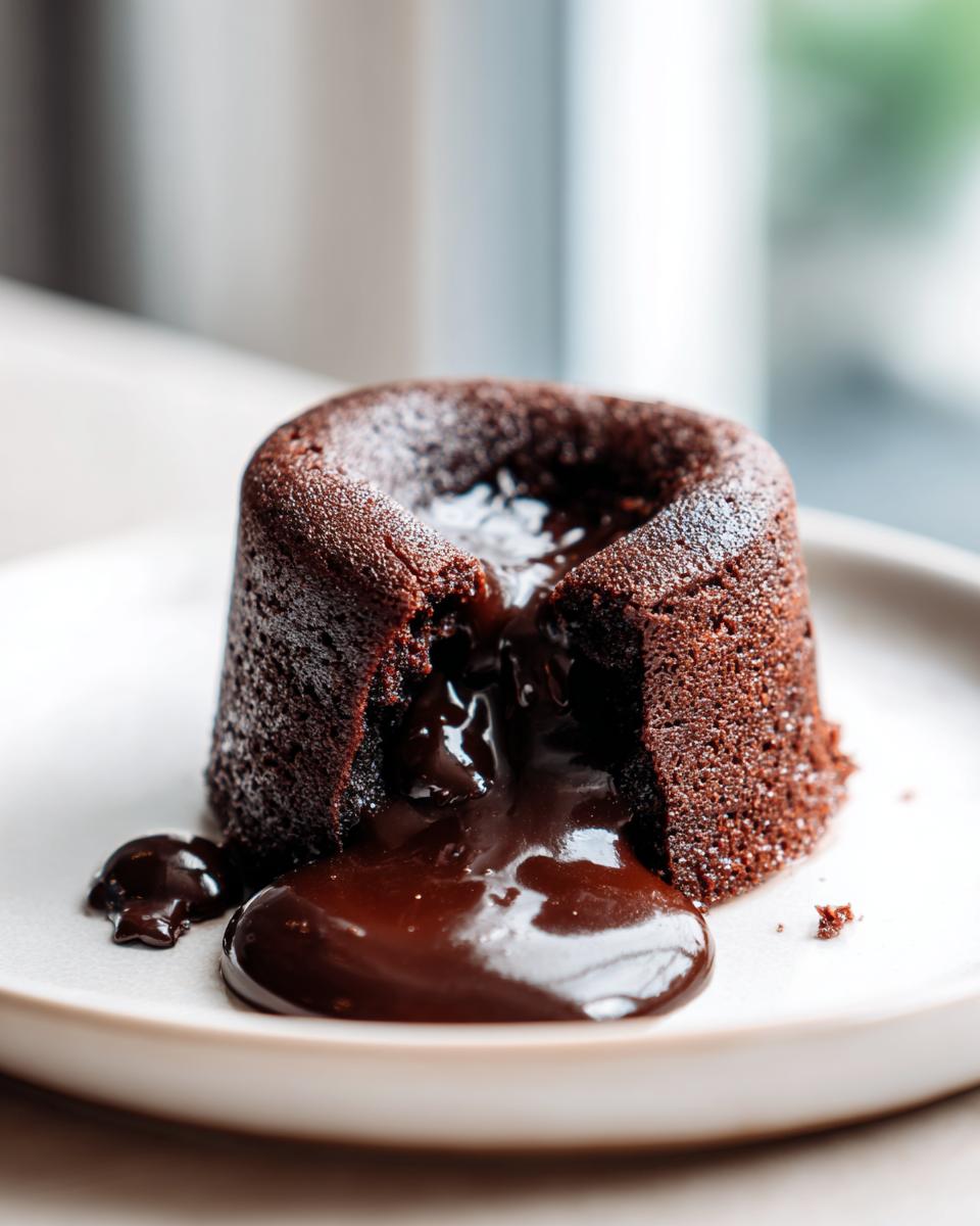 Close-up of a freshly baked chocolate lava cake with molten chocolate oozing out onto a light plate.