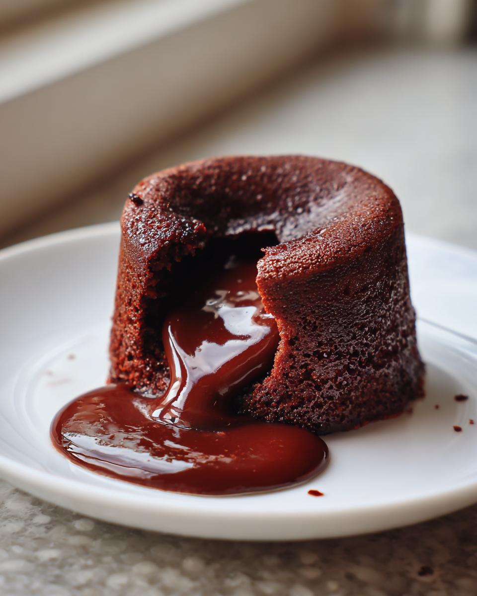 Close-up of a rich chocolate lava cake with liquid chocolate oozing out onto a white plate.