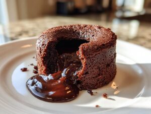 Close-up of a freshly baked chocolate lava cake with molten chocolate oozing out onto a white plate.