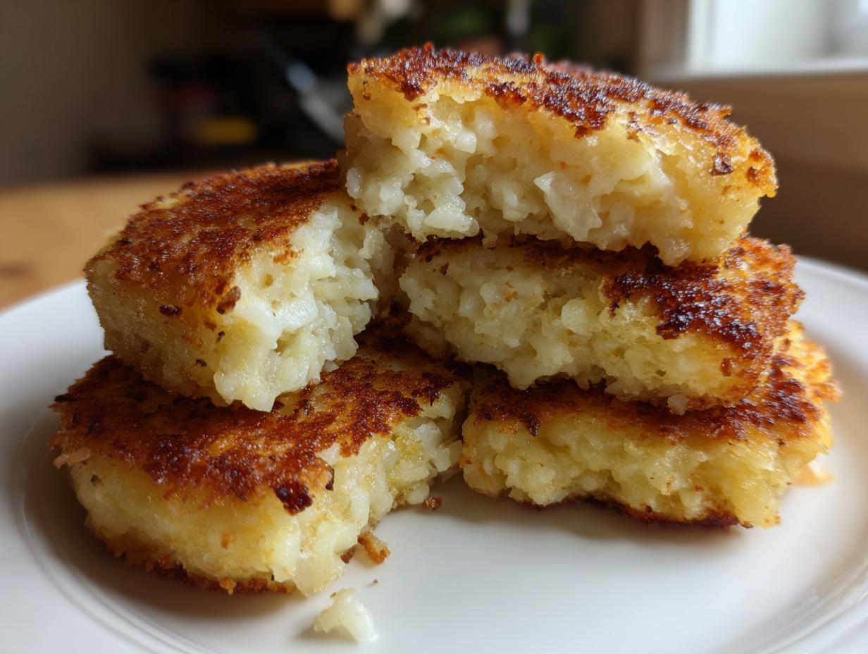 A stack of crispy, golden brown mashed potato cakes, one broken open to show the fluffy interior.